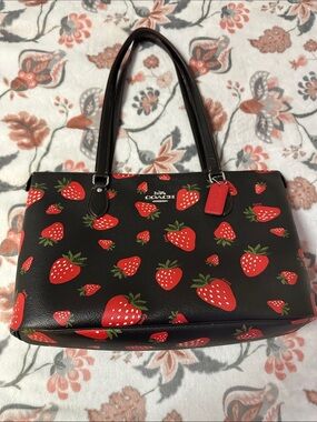 COACH Black Leather Tote with Red Strawberry Print